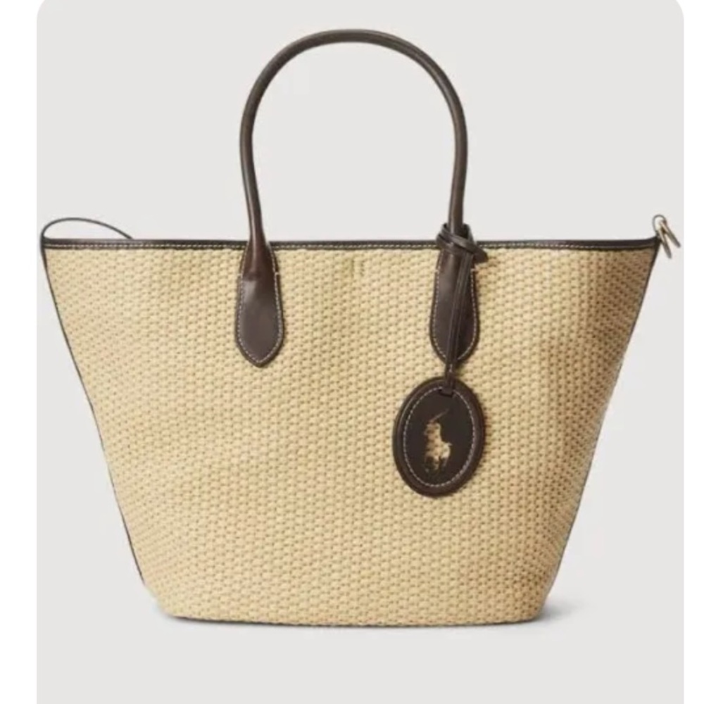 NWT Polo by Ralph Lauren Leather-Trim Straw Medium Bellport Tote - Picture 3 of 14